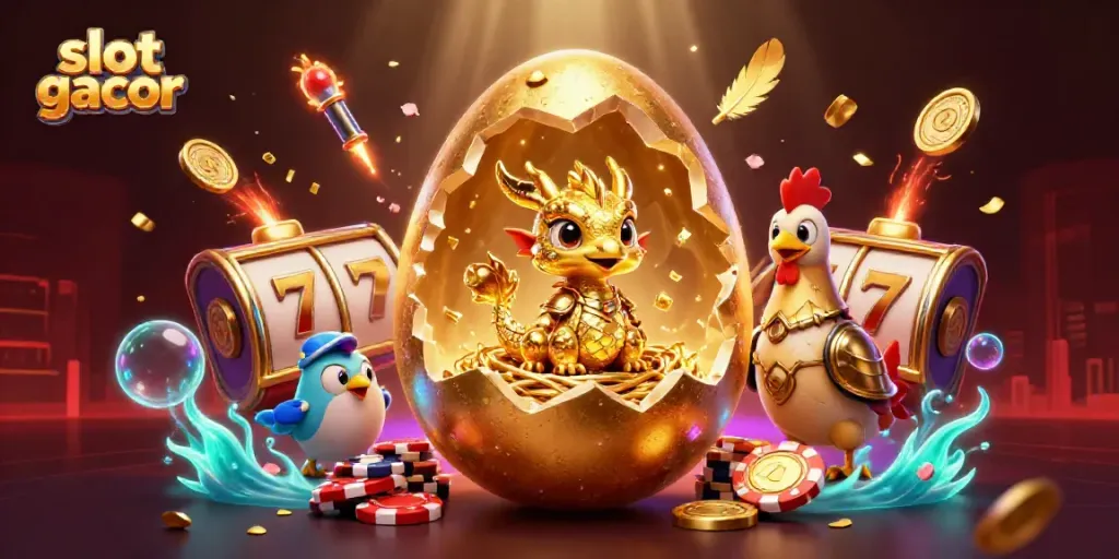 Experience the excitement of slot gacor with a golden dragon and poker chips in a vibrant casino scene.