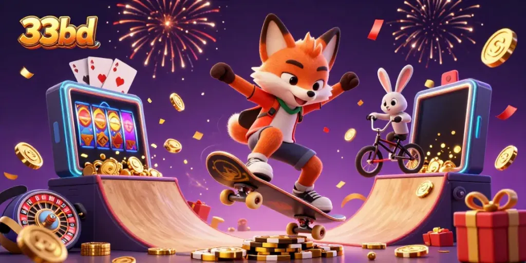 Compete at 33bd with a cartoon fox and rabbit showcasing thrilling tricks over golden poker chips.