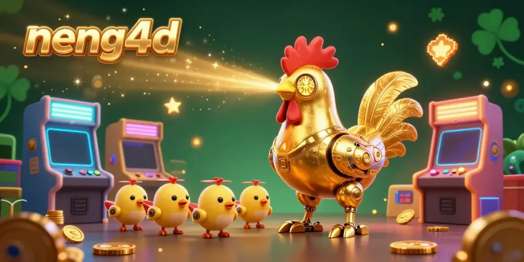 Menangkan permainan di NENG4D dengan robot ayam emas yang futuristik dan permainan arcade berkilau.