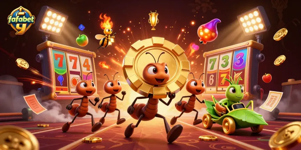 Experience the vibrant excitement of fafabet 9, featuring a cartoon heist scene with ants and a firefly.