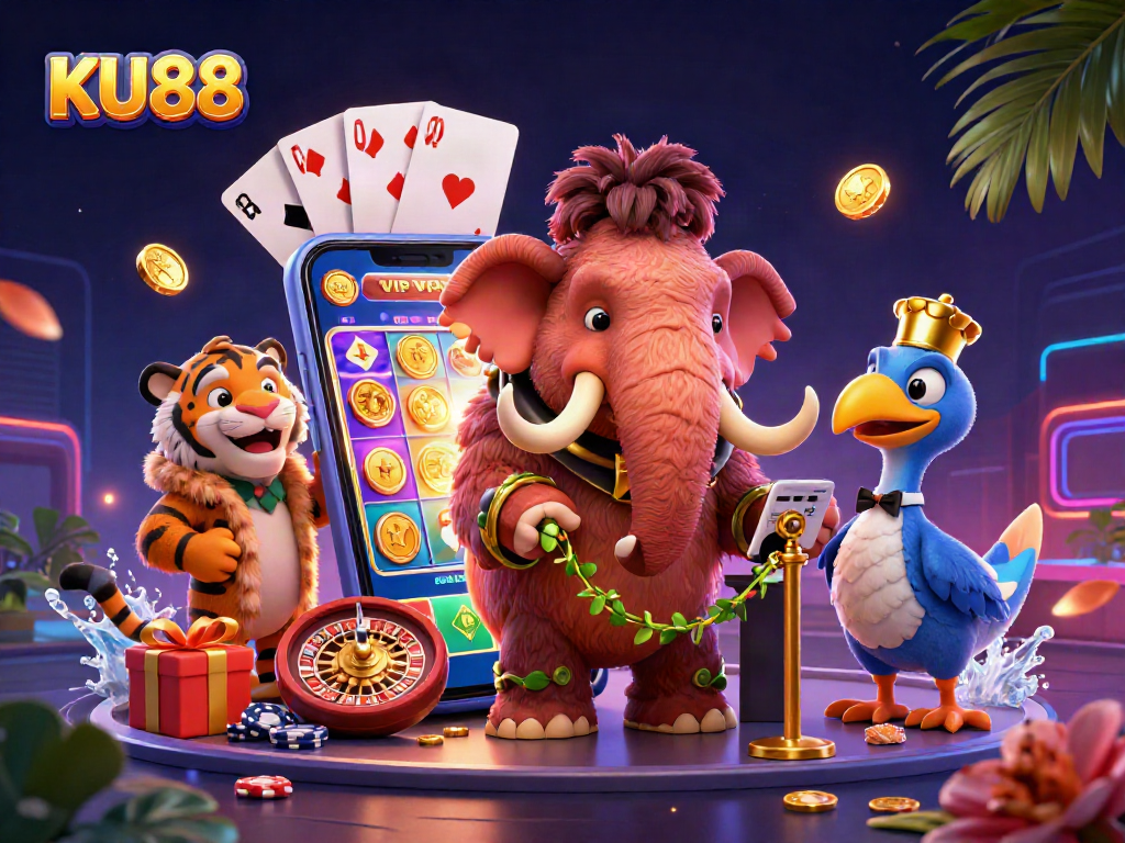 KU88's cartoon casino scene with mammoth bouncer, saber-tooth guest, and vibrant casino elements.