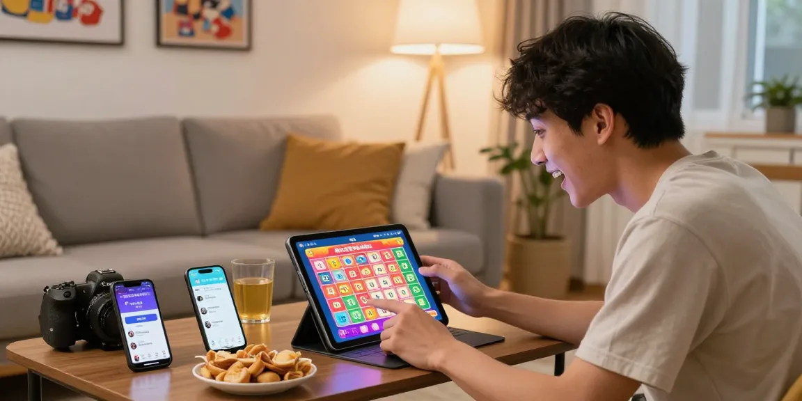 Excited player enjoying tisu4d lottery game in cozy living room.