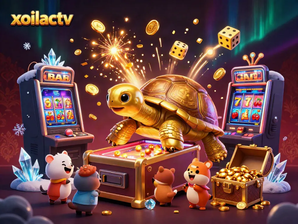 Experience thrilling gameplay at xoilactv with a cartoon tortoise pinball machine amidst a vibrant casino scene.