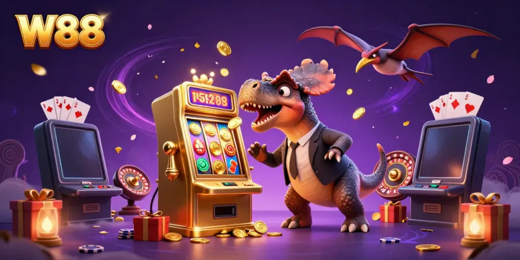 W88 attracts players with a cartoon pachycephalosaurus winning jackpot coins from a slot machine.