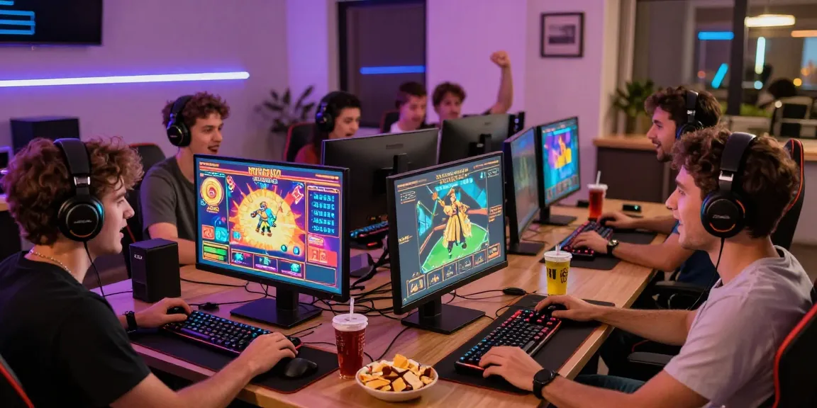 Players enjoying slot online games in a lively home gaming setup with vibrant graphics.