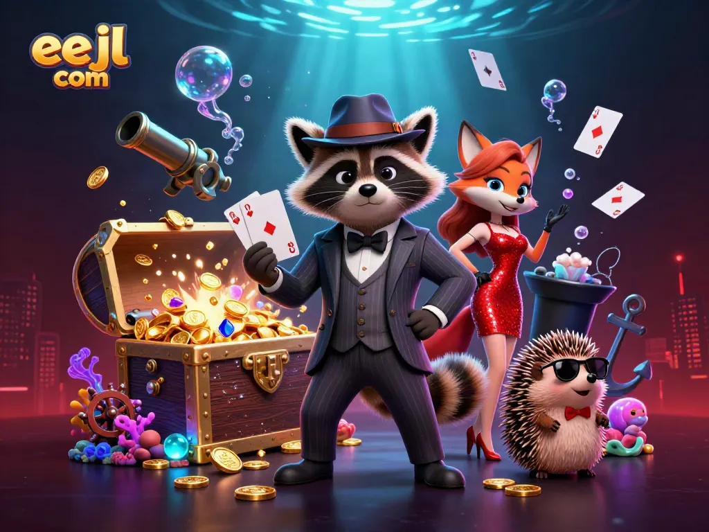 Experience the thrill with eejl com as a suave raccoon and a lovely fox enjoy a jackpot moment.