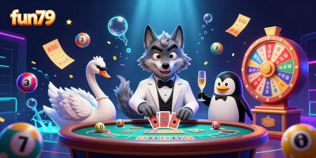 Experience fun79 with dynamic lottery balls and charming casino-themed characters.