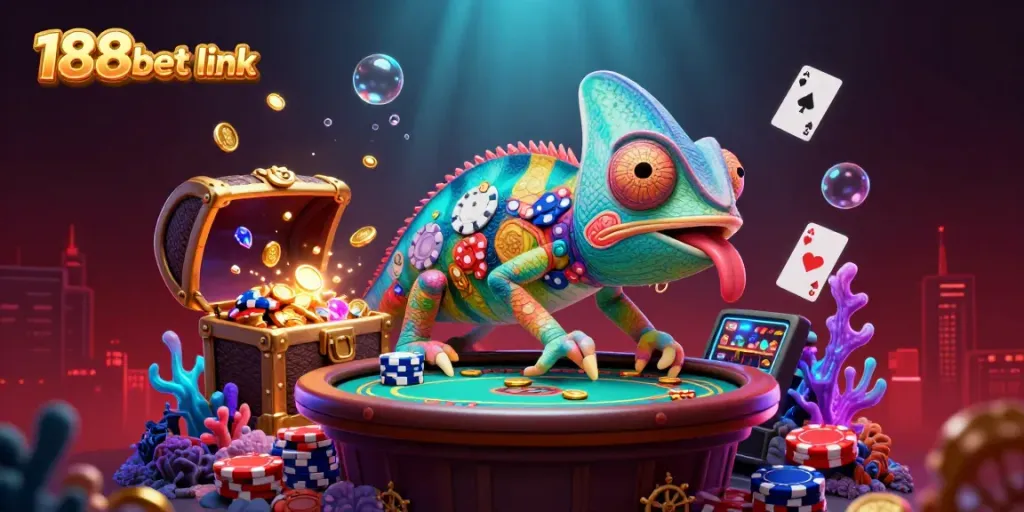 Engaging 3D casino scene showcasing the vibrant 188bet link, filled with chameleon owner and dynamic game elements.