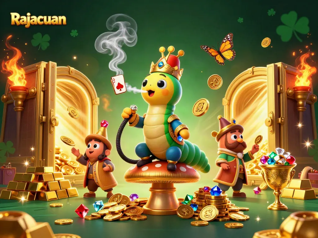 Experience thrilling gameplay with Rajacuan's mesmerizing, vibrant casino scene filled with gold coins and jewels.