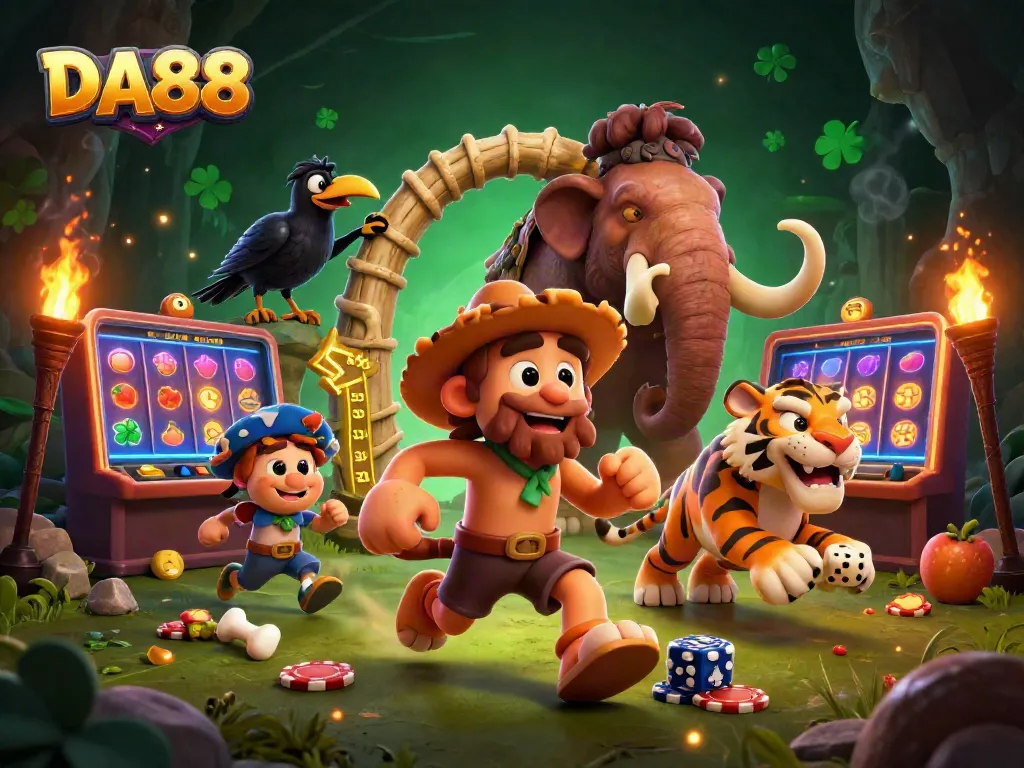 Place bets in the vibrant DA88 prehistoric casino featuring slots, poker chips, and a playful atmosphere.