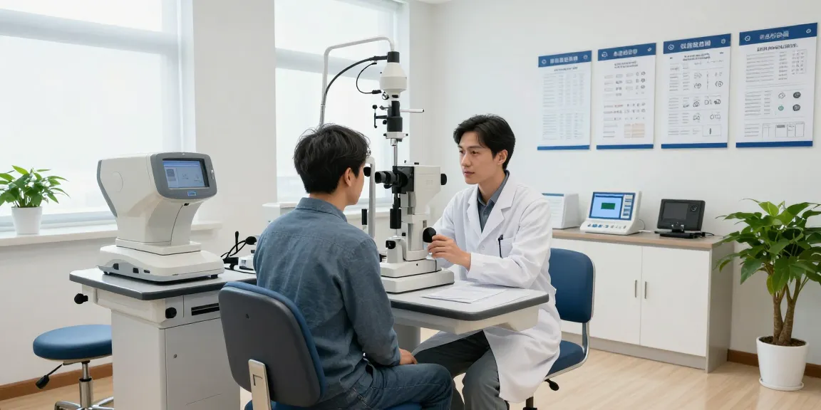 Ophthalmologist conducting 시력교정 examination in a modern eye clinic.