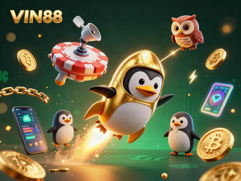Engage with VIN88's thrilling space adventure featuring a golden penguin and crypto coins!