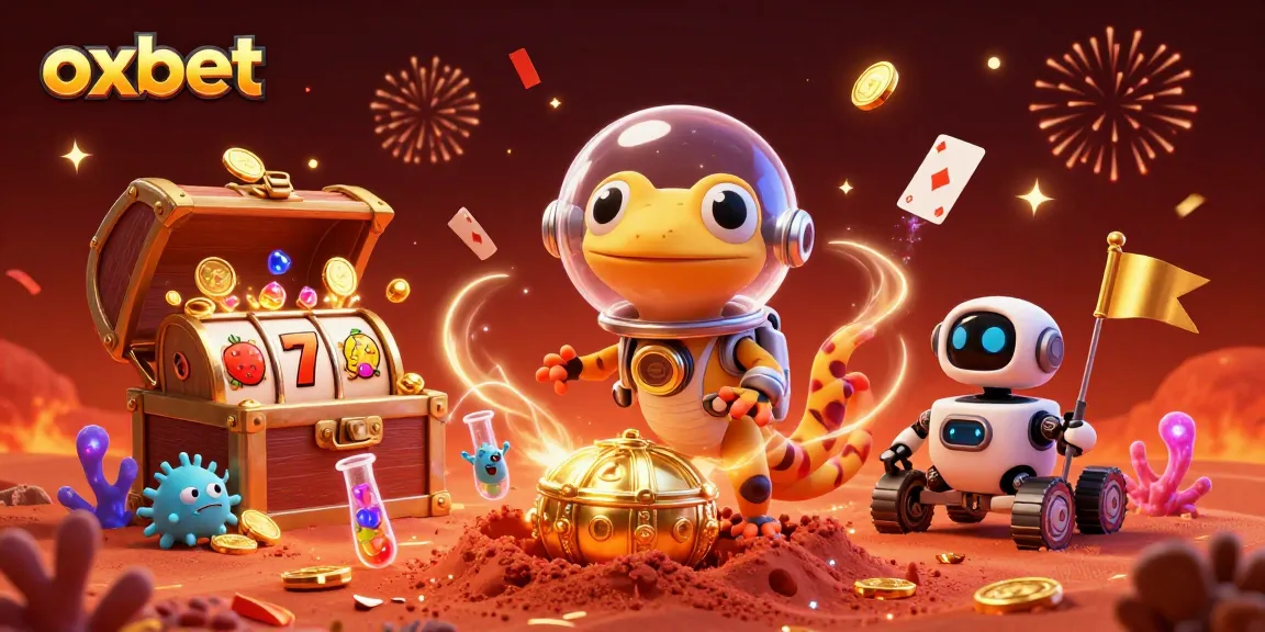 Experience the excitement of oxbet with a Martian gecko discovering a golden casino among thrilling slot elements.