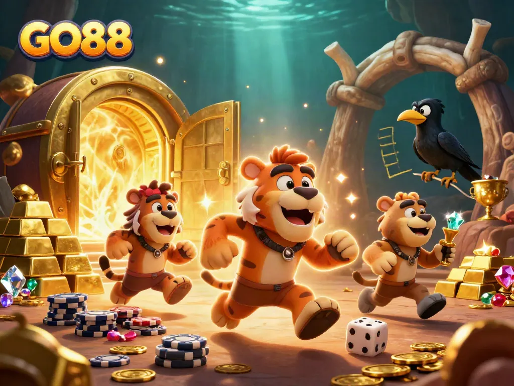 GO88 showcases a dynamic casino scene with ancient treasures and colorful characters, highlighting gaming excitement.