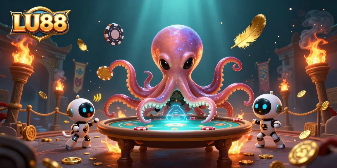 Experience thrilling gameplay with LU88 as the octopus deals poker amidst vibrant cosmic elements.