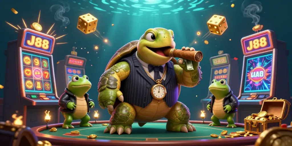 Experience thrilling wins at J88 with a dynamic casino scene featuring a turtle character and explosive slot machine.