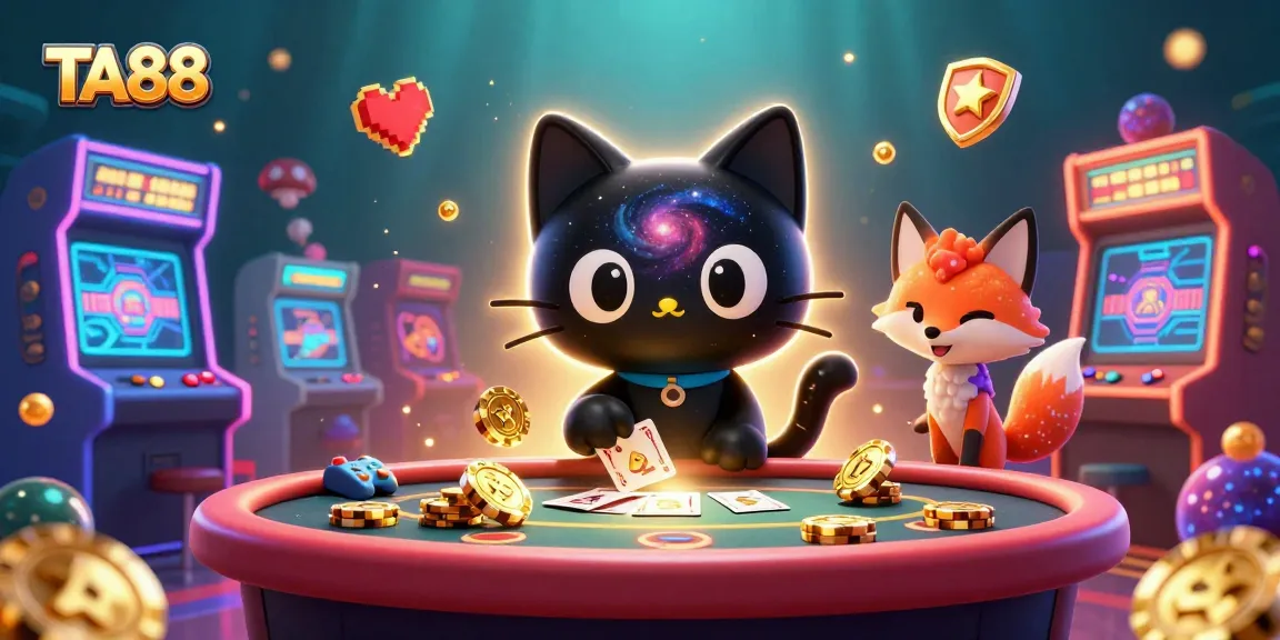 TA88's cosmic casino scene showcases a black hole cat and nebula fox pulling in wins with vibrant arcade elements.