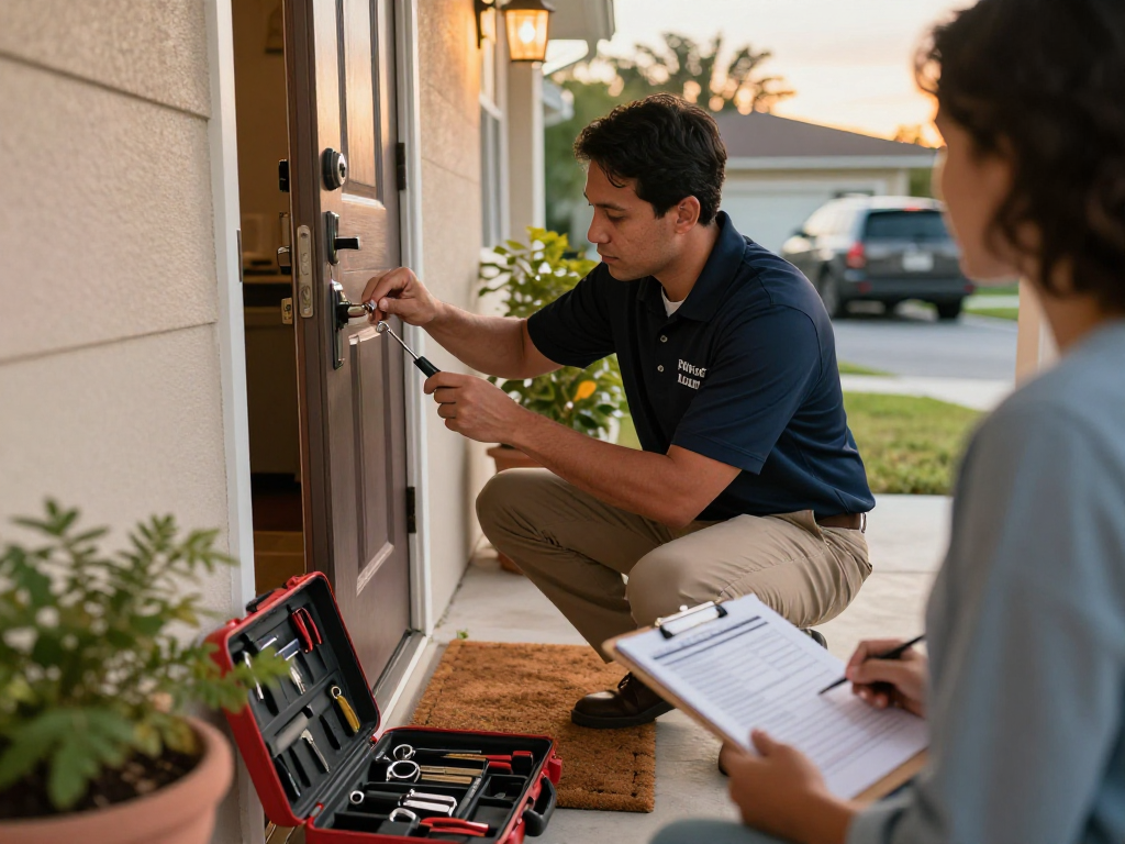 Rekey locks Port St. Lucie service by a professional locksmith at a family home, showcasing expert tools and a welcoming atmosphere.