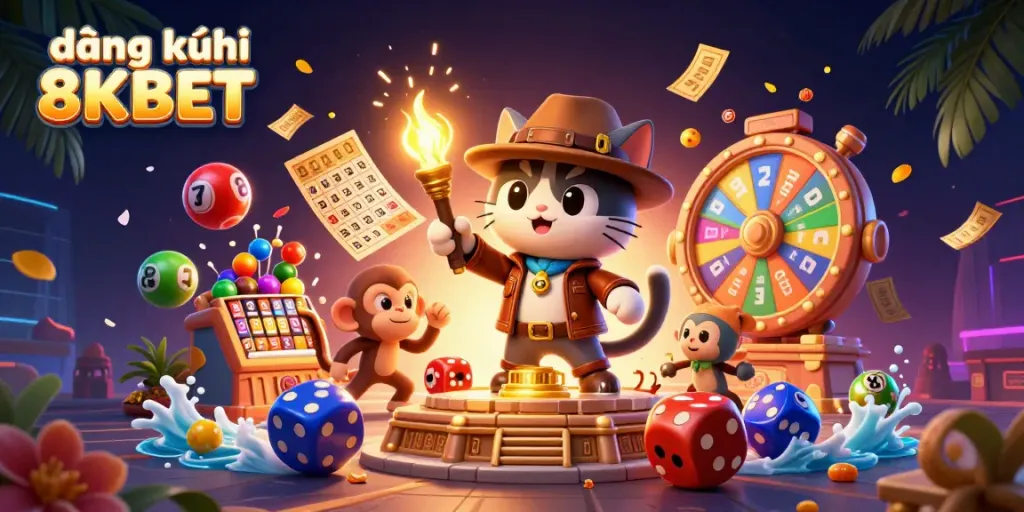 Experience the excitement of đăng ký 8KBET through a vibrant 3D casino adventure scene featuring lively characters.