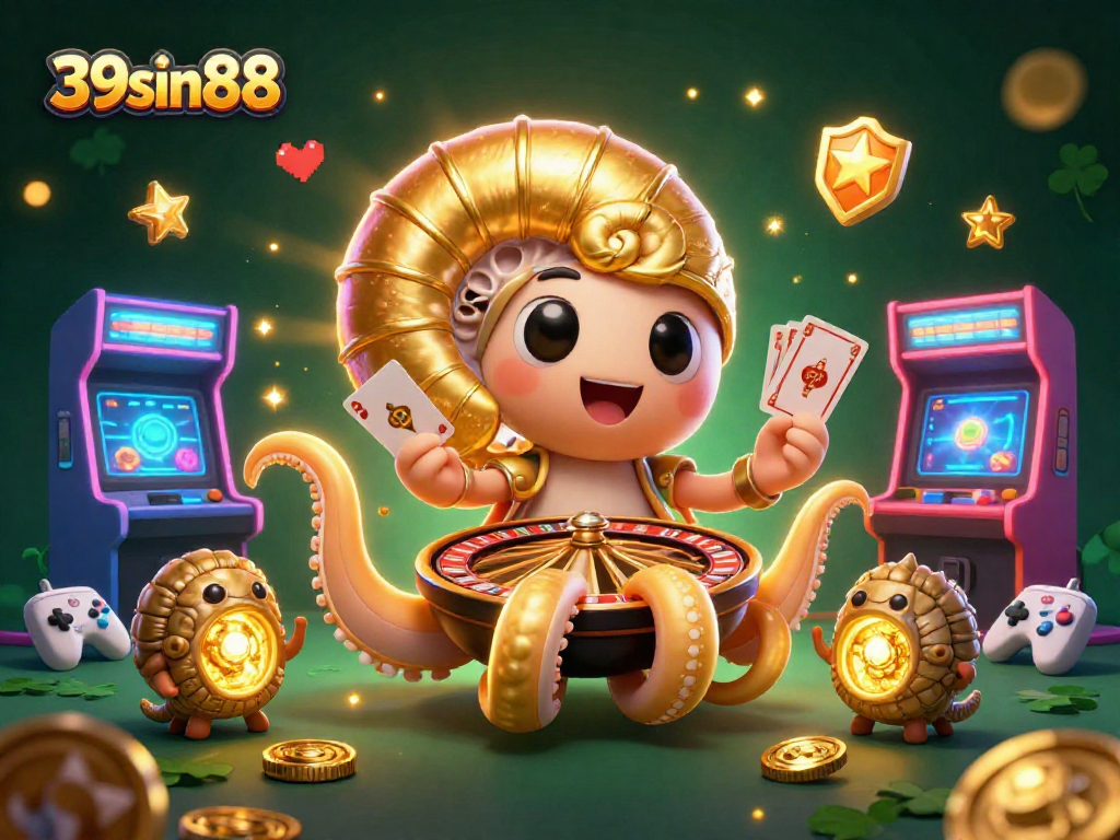 Engage with the thrilling world of 39sin88 through a vibrant 3D casino scene filled with interactive game elements.