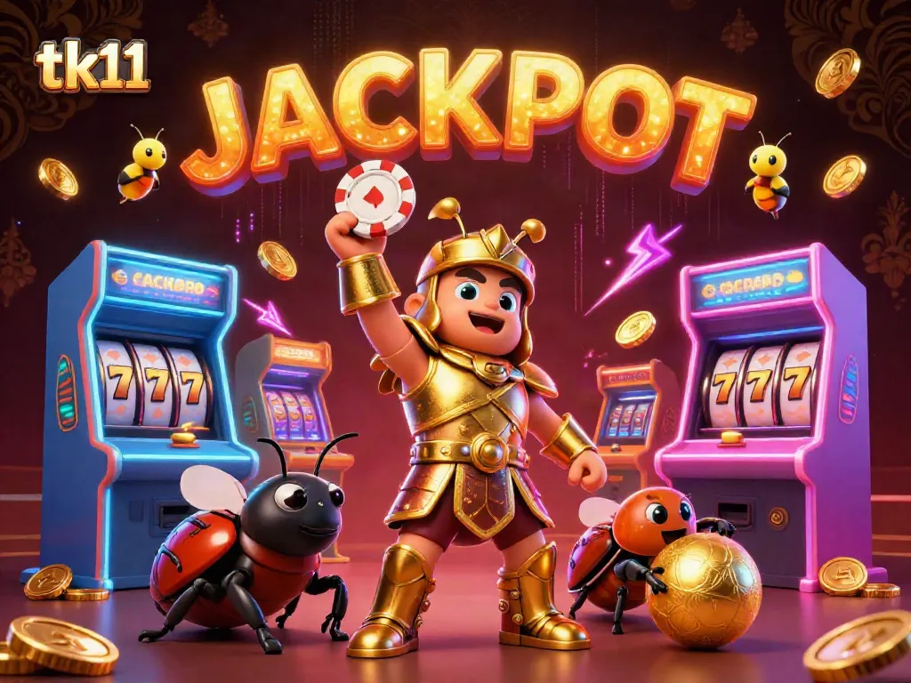 Engage with the tk11 arcade scene featuring a victorious beetle character celebrating a jackpot.