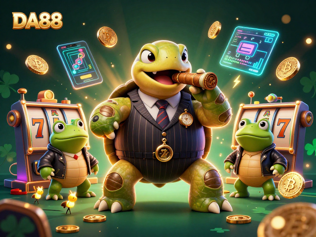 DA88 casino scene featuring a turtle mobster with slot machines and crypto coins lighting up the background.