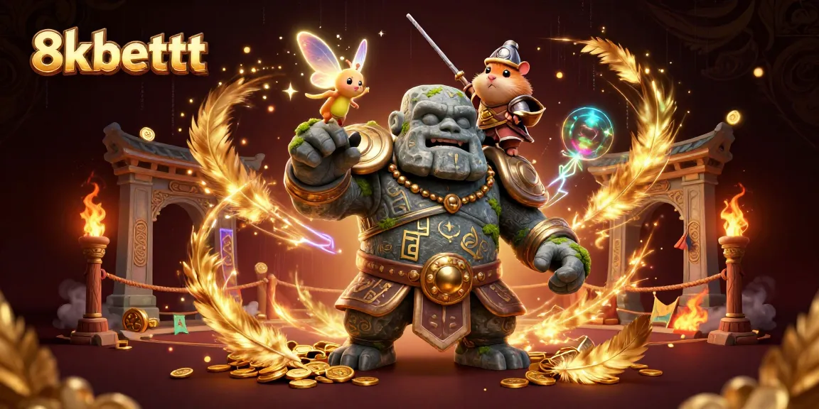 Engaging 8xbetttt scene with a stone golem, fairy, and hamster knight in a dynamic casino environment.