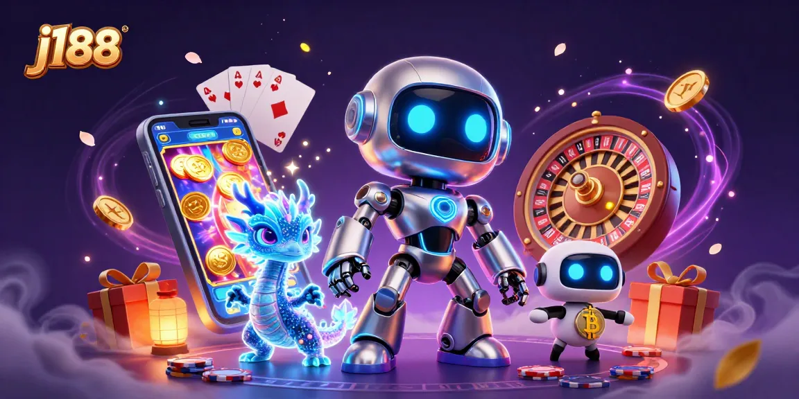Experience j188's exciting gaming adventures with a vibrant 3D illustration of a robot and dragon.