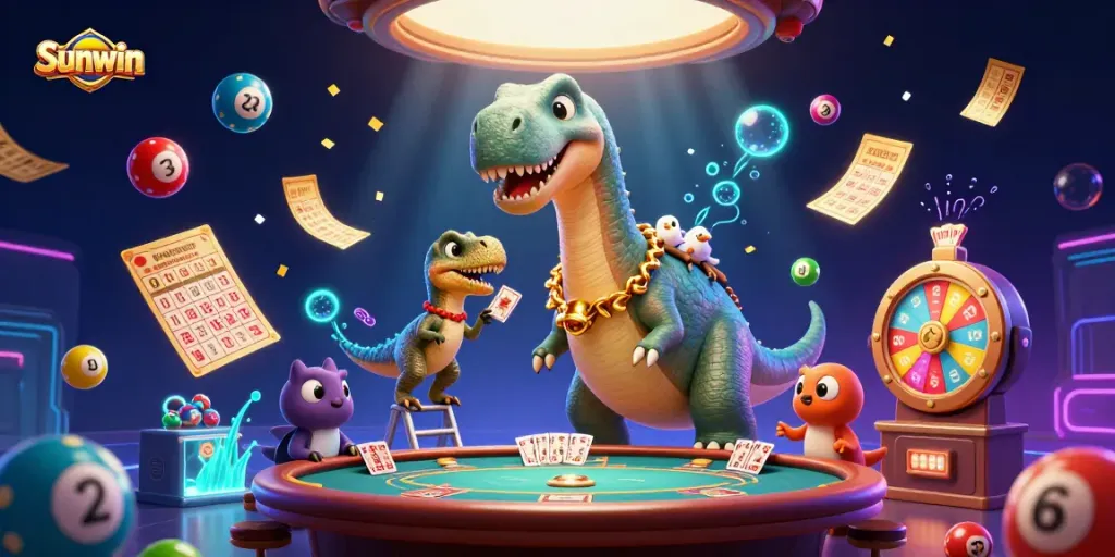 Sunwin celebrates a vibrant casino scene with a giant brontosaurus and raptor dealer, capturing the thrill of gaming.