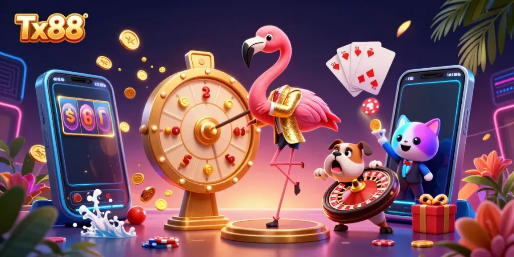 Engage with Tx88 through a vibrant illustration of animated characters and casino elements, showcasing excitement and casino fun.