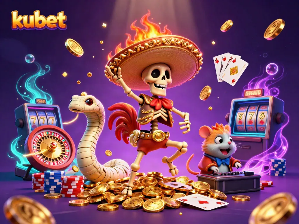 Kubet's vibrant online casino scene showcases characters dancing and celebrating among cascading coins and poker chips.