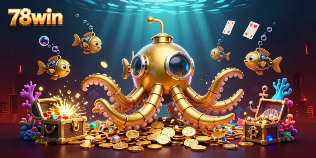 Engage in thrilling gameplay at 78win with a vibrant underwater casino scene filled with treasures and fortune.
