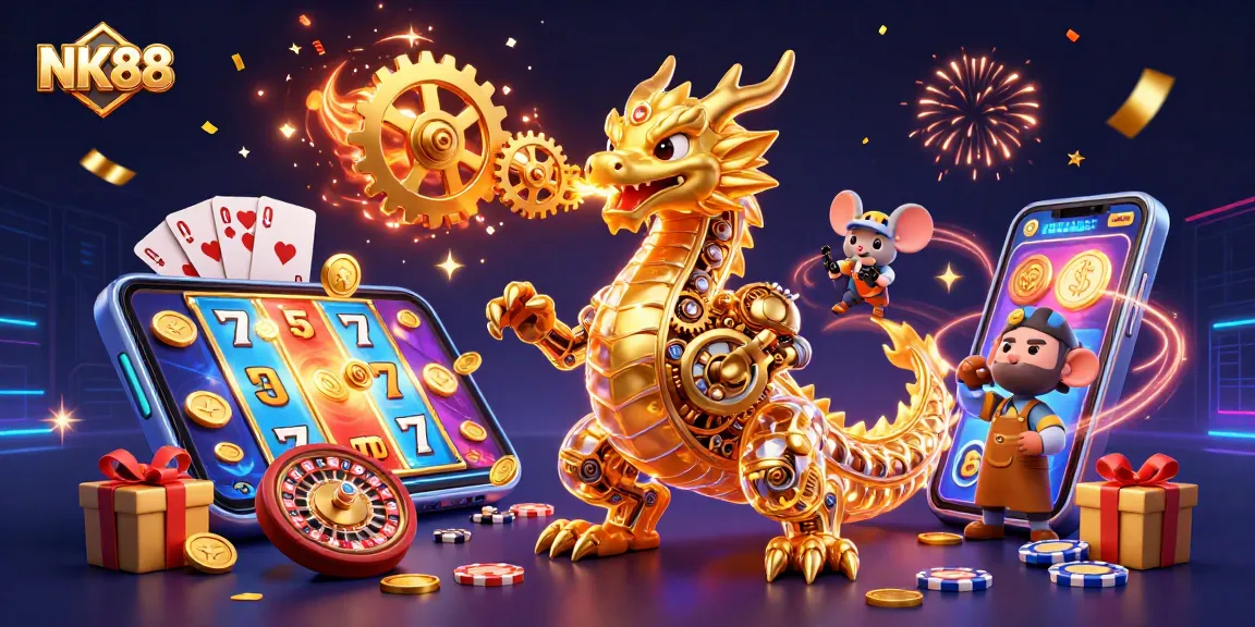 Experience NK88's thrilling slot games with a golden dragon and maintenance mouse amid festive coins!