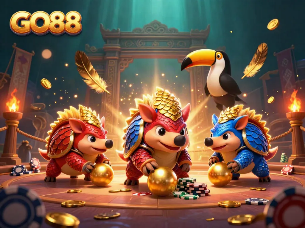 GO88 pangolins compete in a vibrant casino-themed showdown, bowling through poker chips.