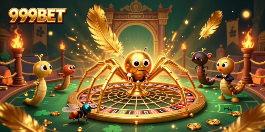 Interacting scene showcasing 999BET as a spider spins a roulette wheel web, with vibrant gambling elements.