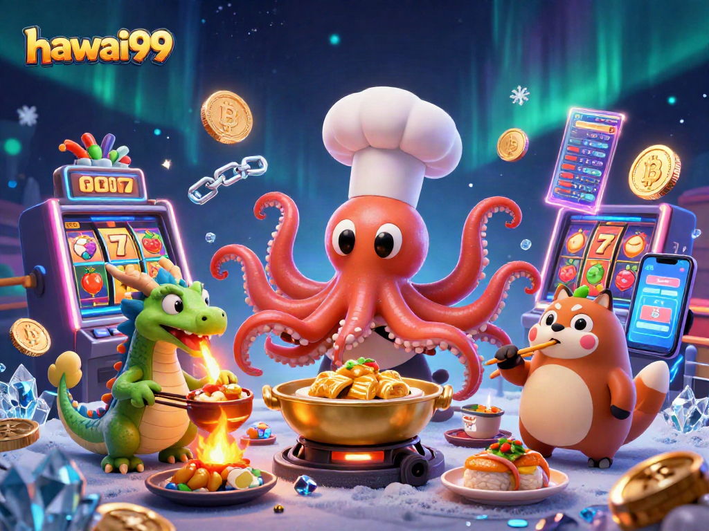 Join the excitement at hawai99 with sushi chef octopus and friends in a vibrant casino scene.