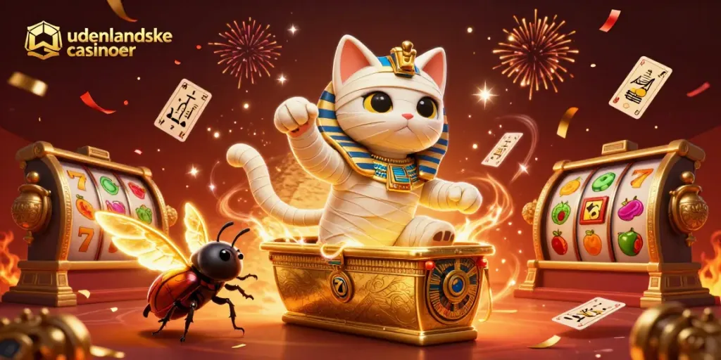 Engage with udenlandske casinoer through a vibrant 3D casino scene featuring a mummy cat and jackpot reels.