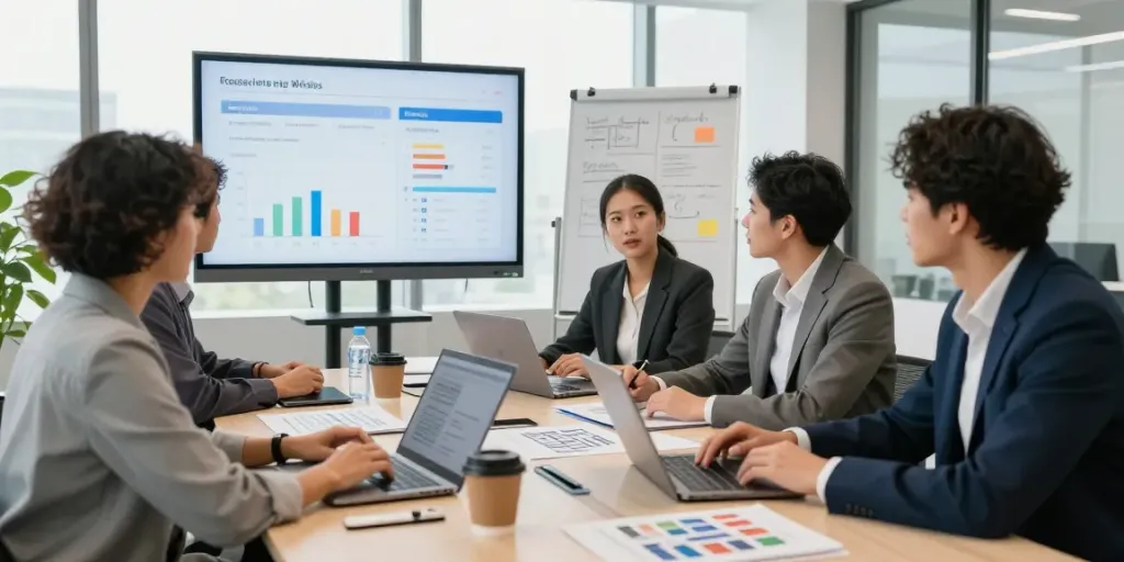 SEO specialist in een moderne kantooromgeving tijdens teamoverleg over zoekmachineoptimalisatie strategieën.
