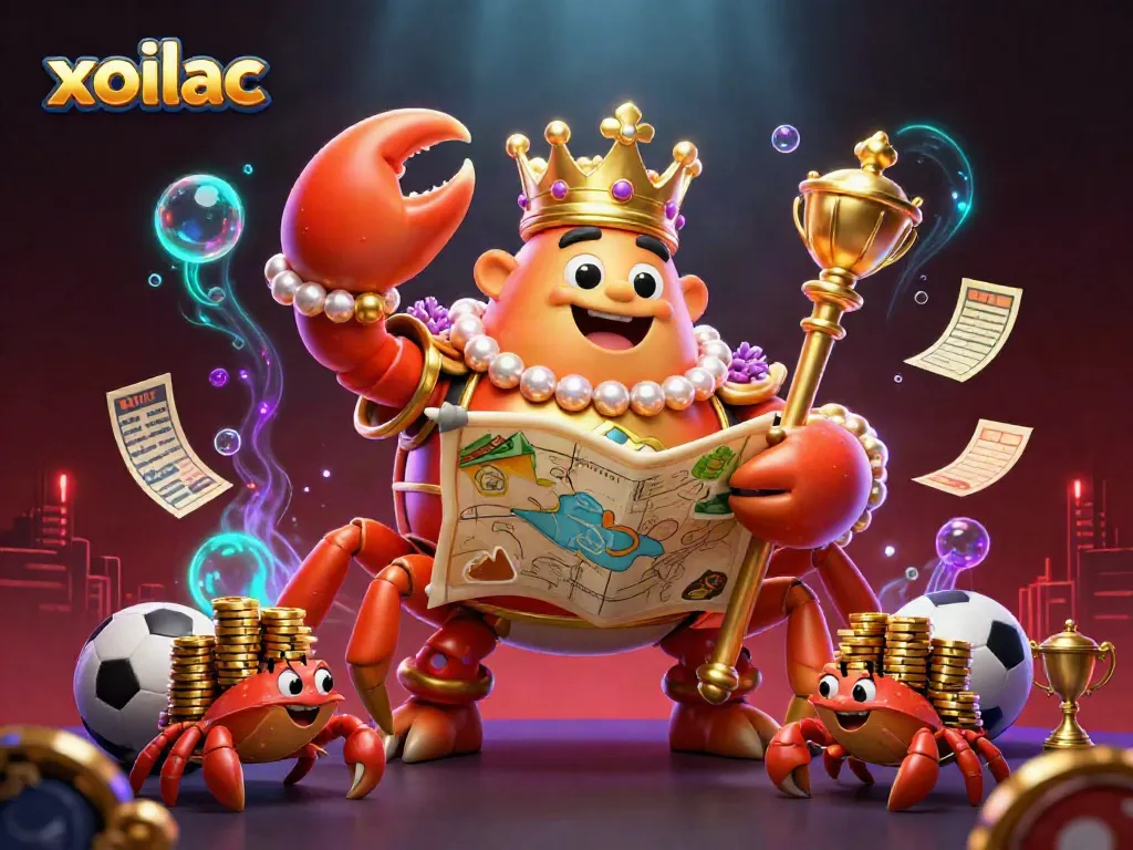 Engage with the vibrant xoilac scene showcasing a golden crab emperor amidst dynamic sports betting elements.