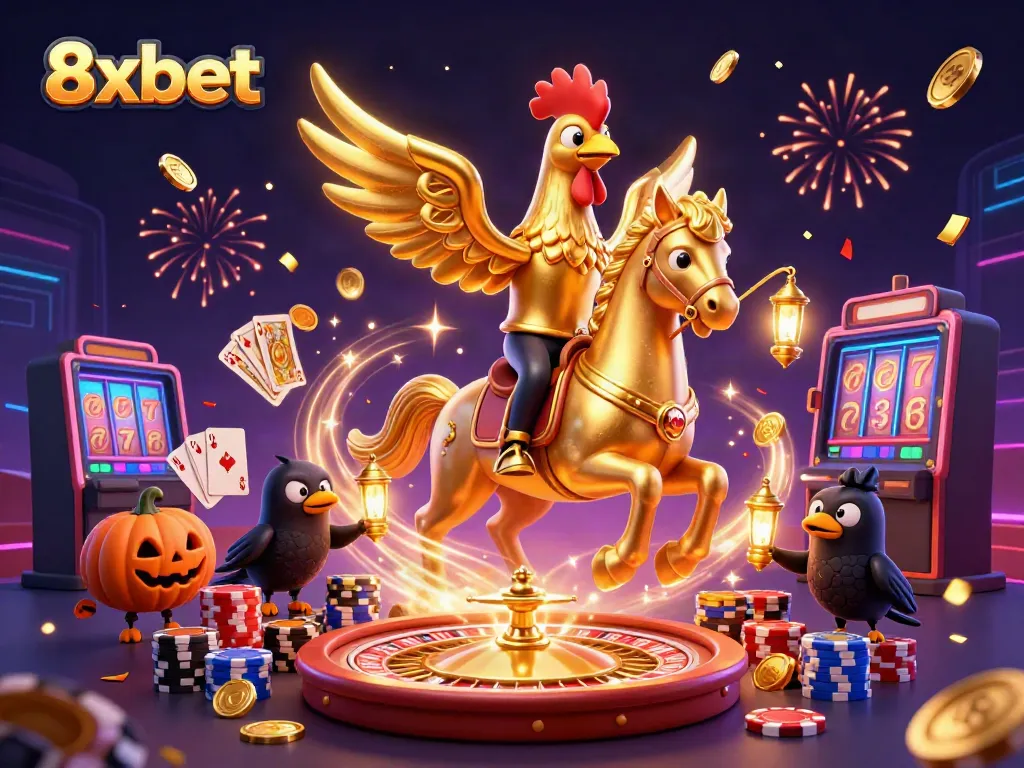 Join the thrilling 8xbet experience with a golden rooster in a dynamic casino setting, capturing the excitement of gaming.