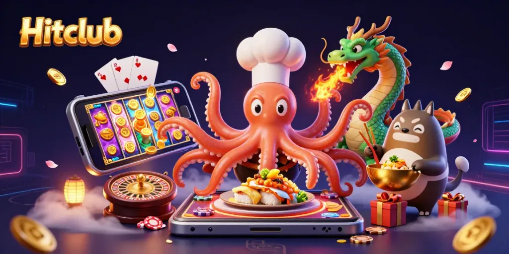 Hitclub brings excitement with cartoon chefs and dynamic gaming elements in a colorful casino scene.