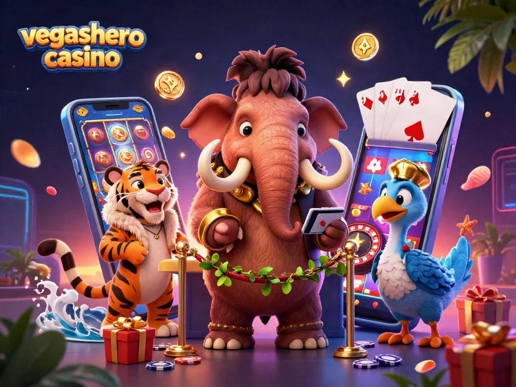 Experience the excitement of vegashero casino with a vibrant 3D illustration of unique characters and rich gaming elements.