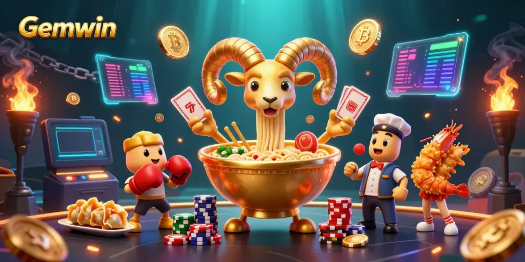 Experience the thrill of Gemwin casino with a lively 3D illustration featuring cartoon characters and neon crypto coins.