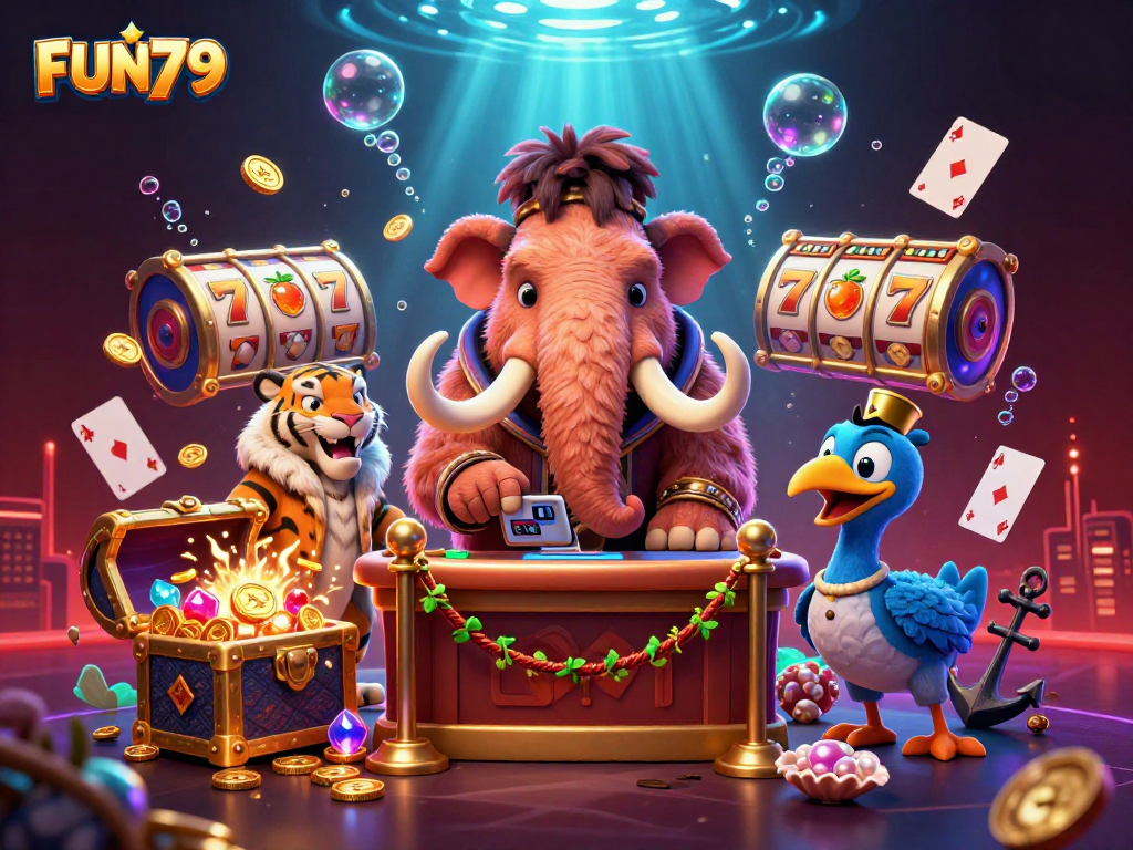 Experience FUN79 at an electrifying casino scene with a mammoth bouncer, tiger VIP, and underwater treasures.