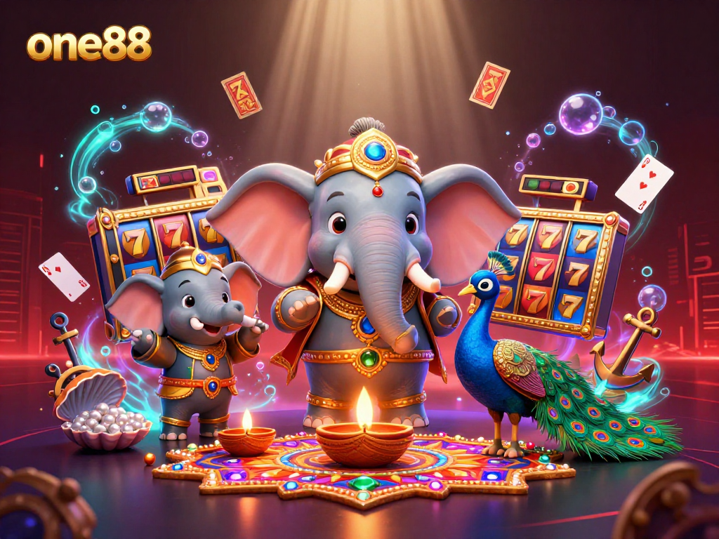 Experience winning strategies at one88 with a vibrant 3D casino scene filled with slot reels and colorful decorations.