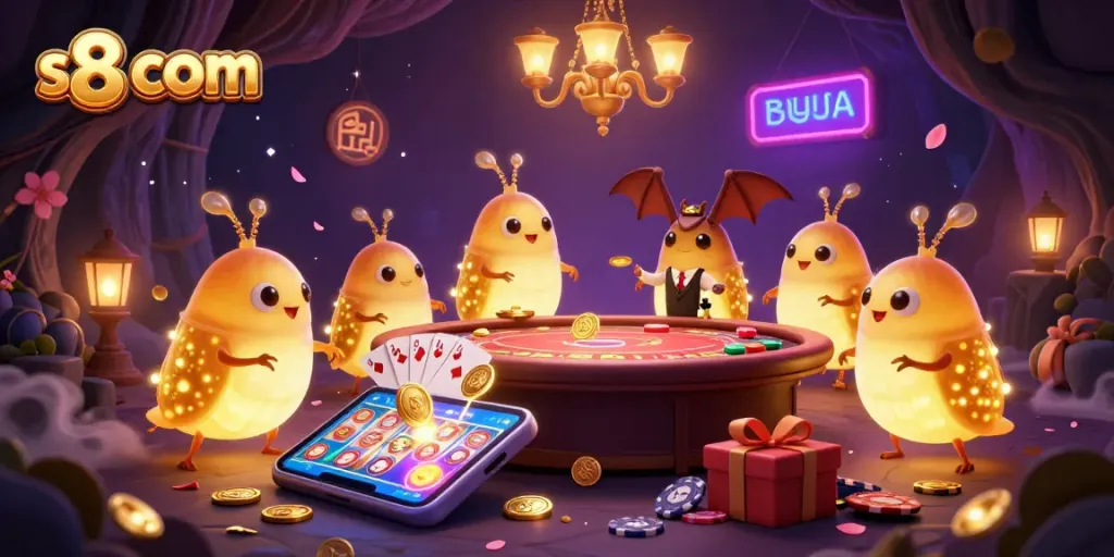 Engage with vibrant gaming energy at s8 com, featuring glowworms in a cave casino illuminating thrilling slot games.