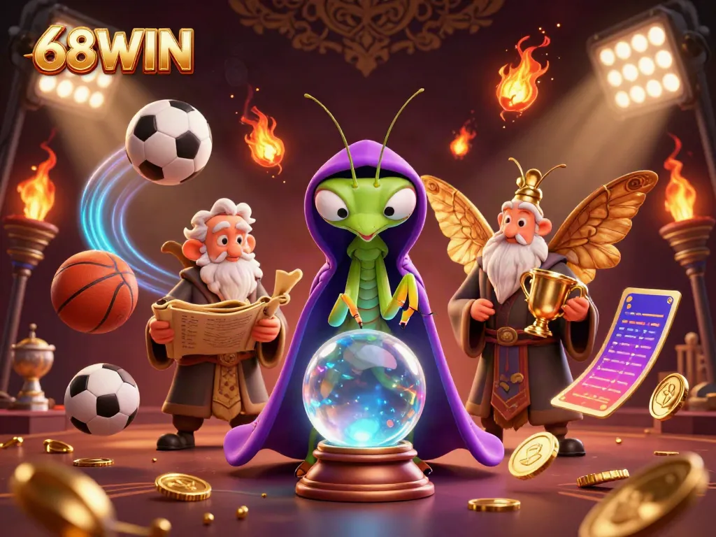 Experience the dynamic energy of 68WIN with vibrant sports elements and mystical characters.