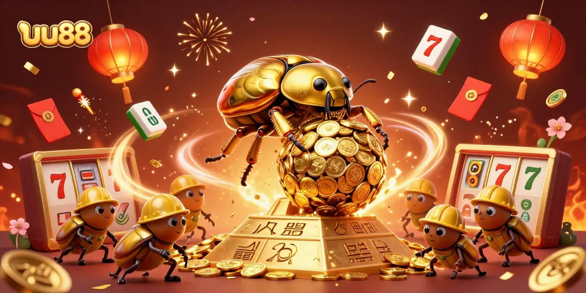 Engage in exciting gameplay with uu88, featuring a golden dung beetle rolling coins and slot elements.