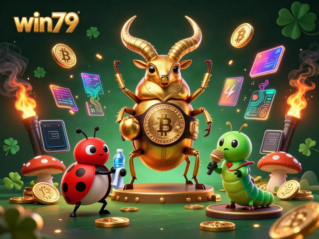 Engage in exhilarating gaming action at win79 as the golden stag beetle prepares for a championship match amidst flashy crypto elements.