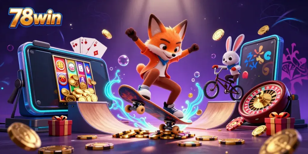Explore exciting gaming features at 78win with vibrant casino-themed 3D illustration